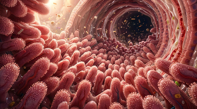 Microscopic view of human intestinal villi inside the digestive tract showing healthy tissue structure for medical research and biological education purposes