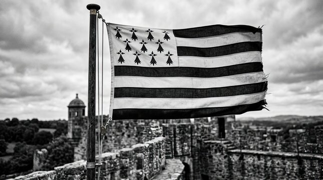 Traditional heraldic flag with ermine canton flying proudly over ancient European castle walls under dramatic cloudy sky.