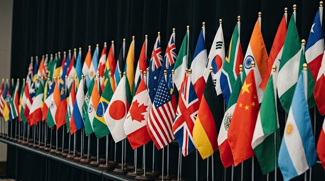Diverse national flags of various countries displayed in a row, symbolizing global cooperation, international relations, unity, and diplomacy.