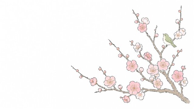 春の訪れを告げる、ピンク色の梅の枝にとまるウグイスの可愛らしい水彩イラスト