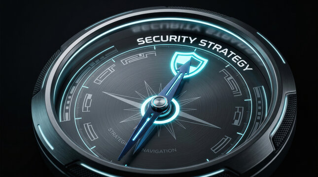 Cyber security strategy concept with futuristic compass defense and warfare navigation for protection and safety