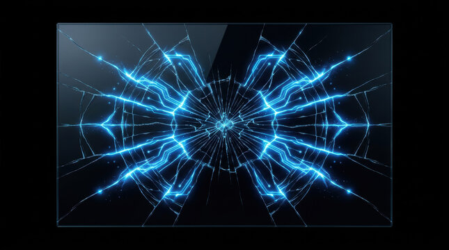 Cracked glass with blue electric lightning effect symbolizes cyber warfare and defense in digital security concept