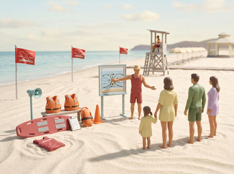 Beach rip current warning with lifeguard education miniature diorama tilt-shift wide cinematic