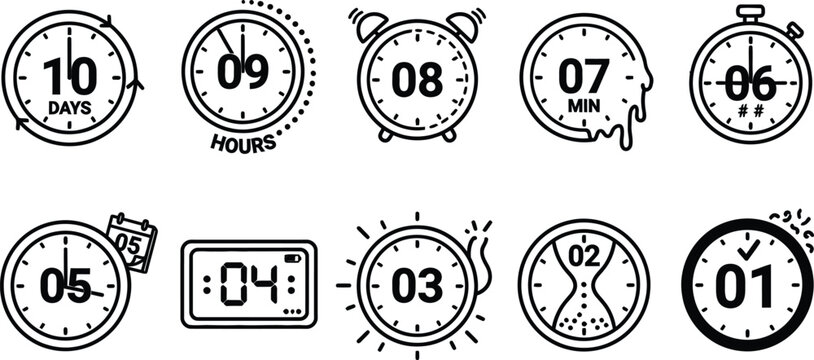Numbers countdown sequence from ten to one with creative clock and watch illustrations.