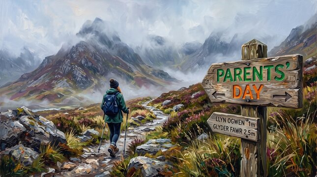 A solitary hiker trekking along a scenic rugged mountain trail in a misty, overcast landscape, featuring a prominent wooden directional sign pointing toward Parents' Peak and other destinations.
