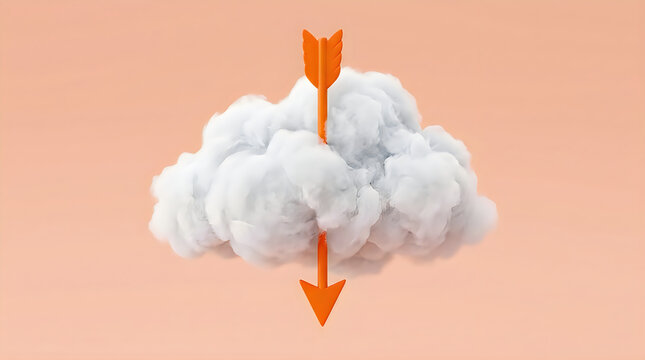 A fluffy white 3d cloud icon with a bright orange arrow pointing downwards isolated on a solid soft peach background