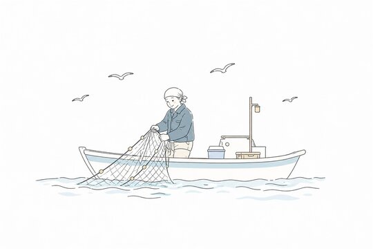 小舟の上で漁網を引く漁師の男性と空を飛ぶカモメのイラスト