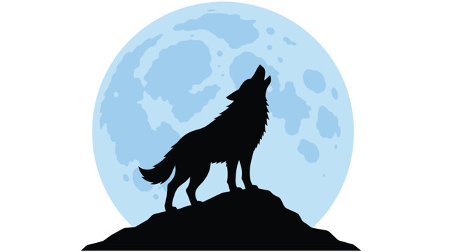 Vector illustration of a wolf howling silhouette eclipsing a large full moon on a hill, flat black wolf and hill shapes against a glowing pale blue moon disc,