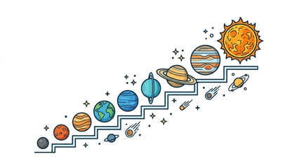 Colorful Planets and Sun on Staircase Illustration. © Erda