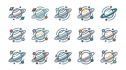 Colorful Saturn planet icons in flat design style. © Erda