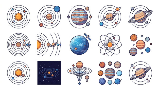 Colorful Solar System and Atomic Science Illustrations.