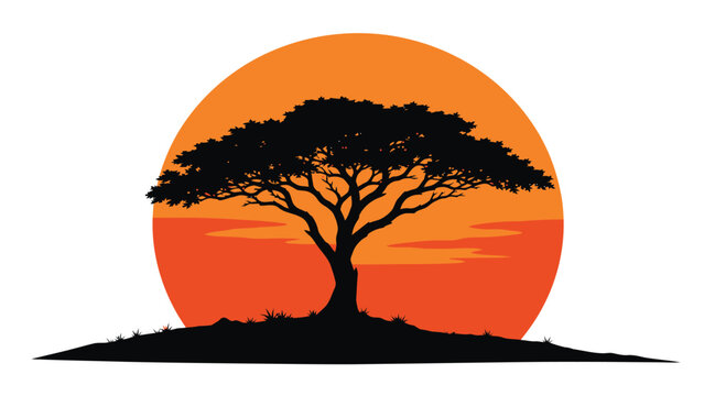 Vector illustration of a lone tree silhouette eclipsing a large setting sun on the horizon, flat black tree shape against a warm orange-red circular sun,