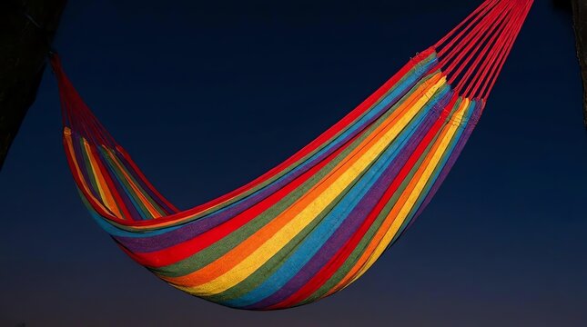 Vibrant Rainbow Striped Hammock Suspended Against Deep Blue Evening Sky
