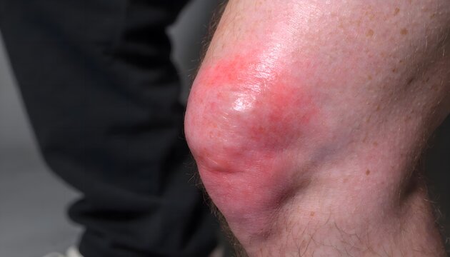 Swollen kneecap from prepatellar bursitis, housemaid knee inflammation, lateral view for medical and occupational health