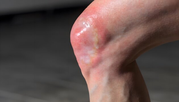 Swollen kneecap from prepatellar bursitis, housemaid knee inflammation, lateral view for medical and occupational health