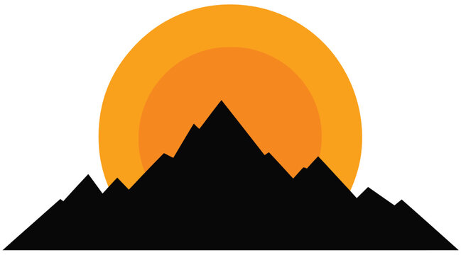 Vector silhouette illustration of a mountain range eclipsing a large rising sun, flat black mountain shapes cutting across a glowing orange-yellow circular sun
