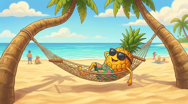 Happy Pineapple Relaxing in Hammock on Tropical Beach Vacation