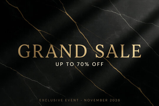 Golden uppercase lettering announces a significant grand sale event featuring discounts up to seventy percent off an exclusive special happening in November two thousand twenty six