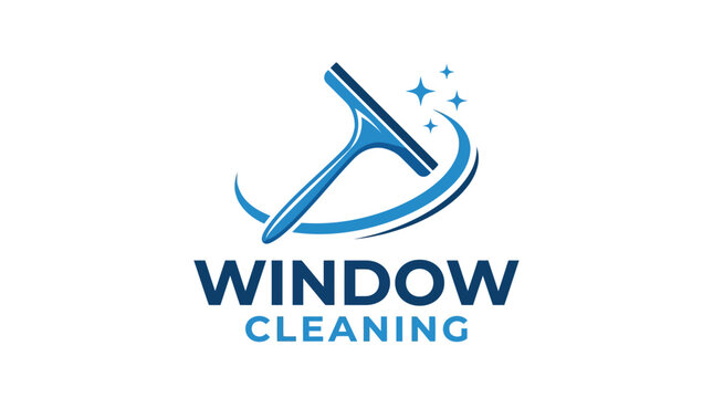Professional blue window cleaning logo with squeegee and sparkling shine