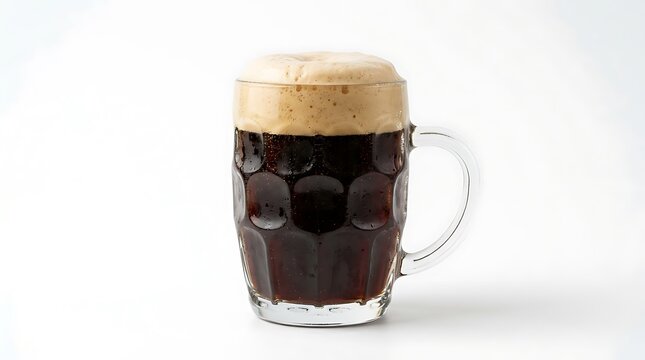 A glass mug filled with dark stout beer with foam on top.