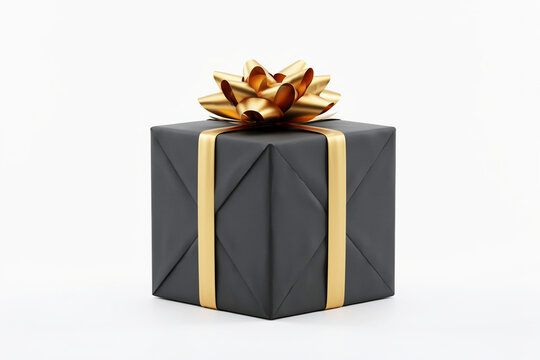 A striking black gift box adorned with a luxurious shiny gold ribbon and an elegant bow sits prominently presenting a sophisticated token of appreciation or celebration