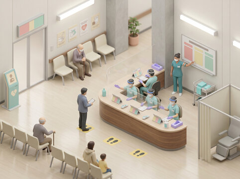 Emergency outpatient triage orderly reception miniature diorama tilt-shift isometric overhead