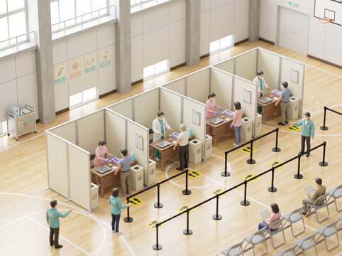 Mass vaccination site operation hall coordination miniature diorama tilt-shift isometric overhead