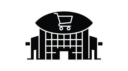 Obraz premium Modern Supermarket Building Icon with Shopping Cart Graphic Symbol