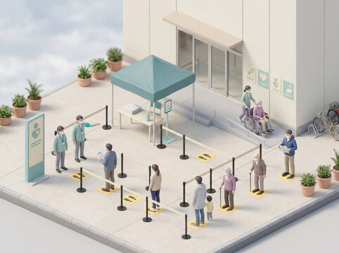 Vaccination center orderly queue outside miniature diorama tilt-shift isometric overhead