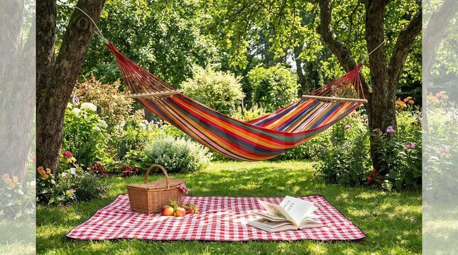 Colorful Hammock and Picnic Setup in Lush Green Garden