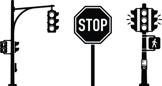 Black silhouette traffic light pole, stop sign, and pedestrian crossing signal vector icon set