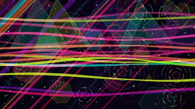 Vibrant Diagonal Geometric Overlay Pattern with Colorful Neon Glowing Light Trails and Shapes