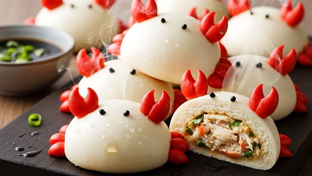 Crab shaped steamed bao buns.
