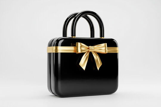 A sleek glossy black shopping bag featuring elegant golden handles and a festive shiny gold ribbon tied into a beautiful bow perfect for luxury retail gifts or exclusive holiday promotions