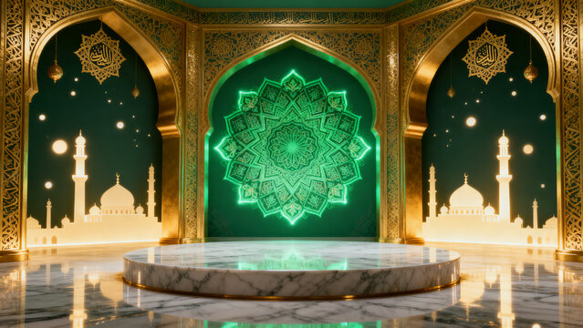 Islamic Podium Background with Golden Arches and Emerald Mandala