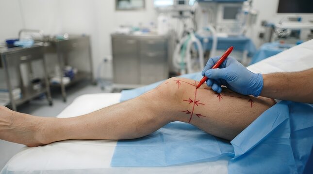 Knee replacement surgery planning surgeon marking incision points on patient's leg