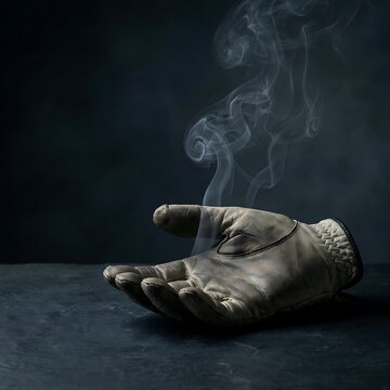 Smoldering vintage leather glove emitting smoke on dark background, mysterious mood