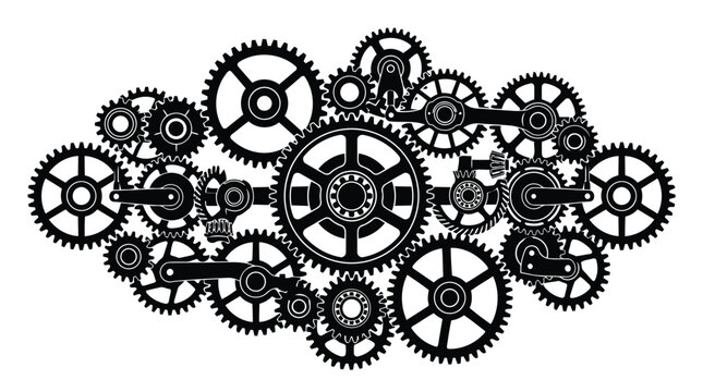 Black gears and cogs isolated on white background