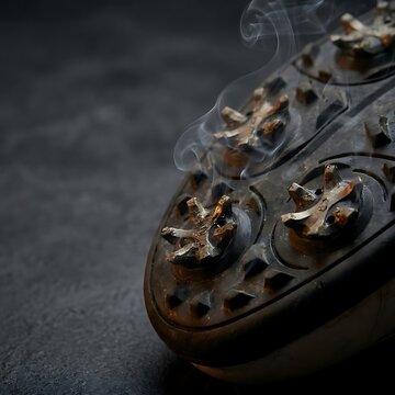 Ornate metal incense burner with rising smoke on dark background, spiritual ambiance