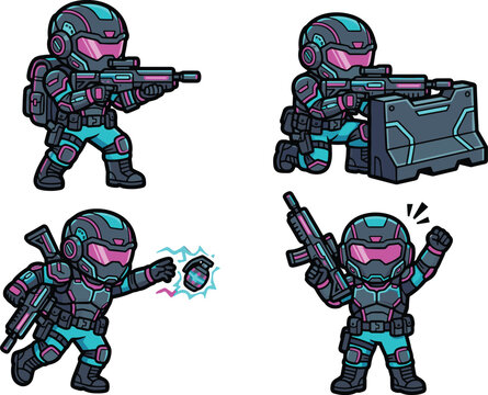 Chibi cyberpunk sci fi soldier character mascot set with futuristic weapons and tactical poses for game assets