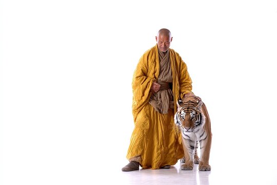 A serene Buddhist monk in a saffron robe stands with a majestic tiger, symbolizing the harmony between man and nature, captured against a stark white backdrop.