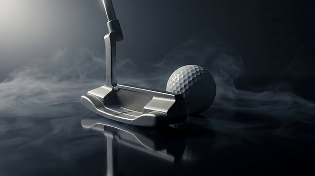 Golf putter and ball on reflective surface with dramatic smoke and lighting