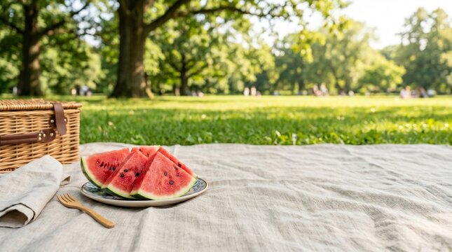 Simple Watermelon Plate on Picnic Blanket With Basket for National Watermelon Day