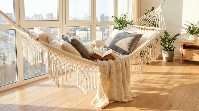 Cozy Hammock with Book and Pillows by Sunny Window - Relaxing Home Interior