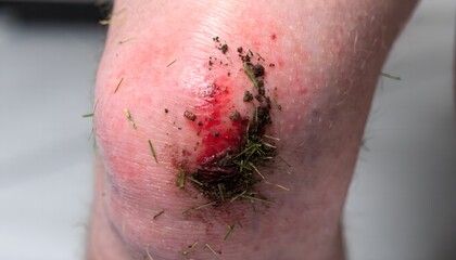 Fototapeta premium Fresh knee abrasion and skin scrape, close up anterior view for wound care, first aid, and medical documentation