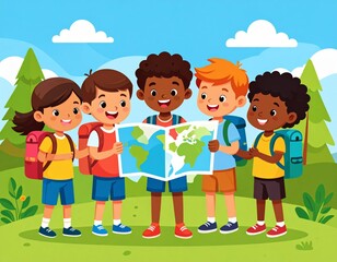 Obraz premium Group of cartoon kids with backpacks holding a world map while hiking in nature