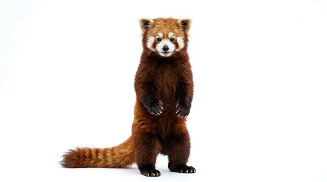 Red panda standing on hind legs isolated on white background.