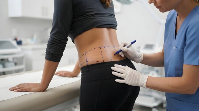Cosmetic surgery consultation doctor marking patient's body for liposuction or body contouring procedure