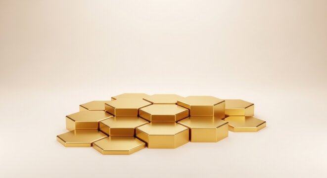 Gold hexagonal platforms provide a luxurious stage for product display against a minimalist background.