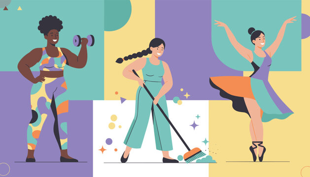 Three diverse women engaging in active lifestyle activities including lifting weights, sweeping the floor, and dancing ballet.